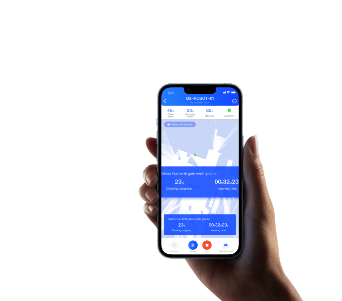 Gausium App auf einem Smartphone mit Karte und Reinigungsfortschritt